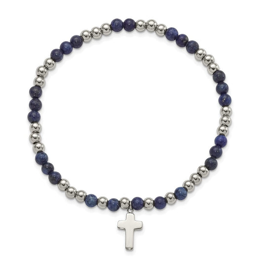 Chisel Stainless Steel Polished 4mm Lapis Beaded with Cross Dangle Beaded Stretch Bracelet SRB3081