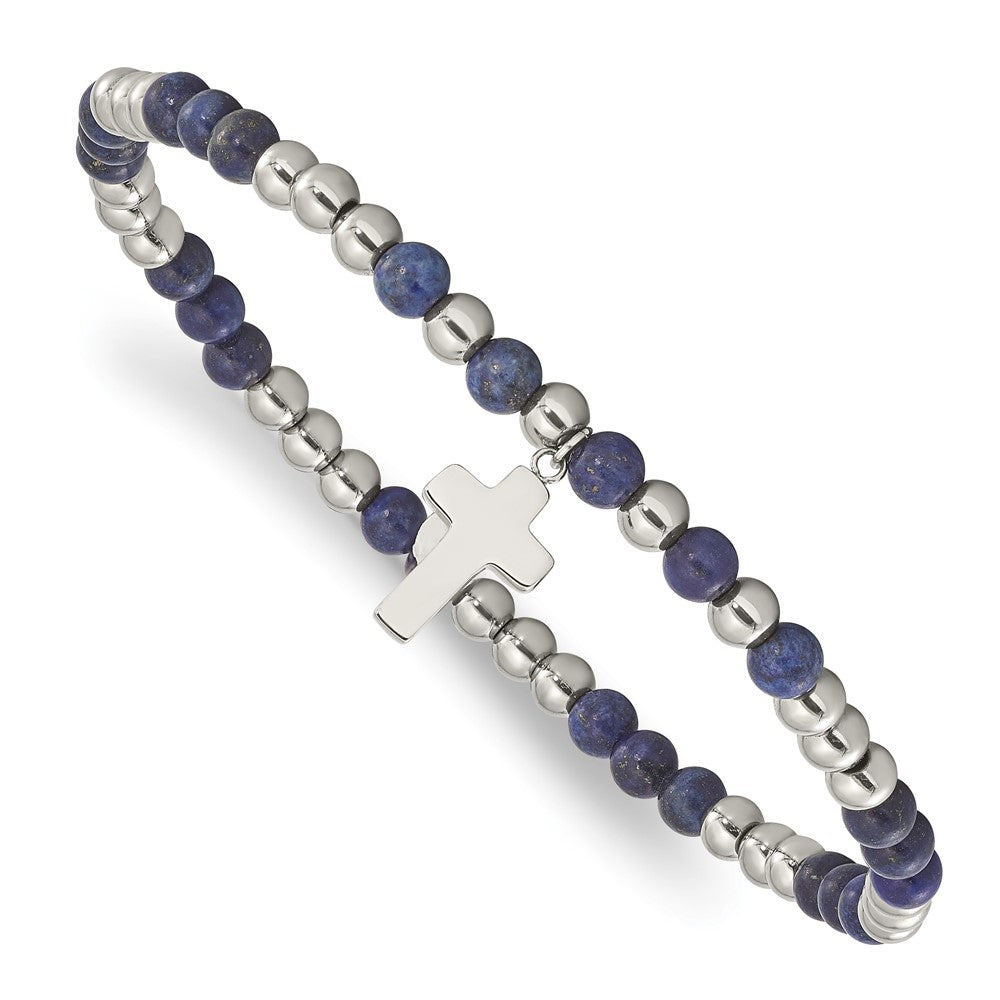 Chisel Stainless Steel Polished 4mm Lapis Beaded with Cross Dangle Beaded Stretch Bracelet SRB3081