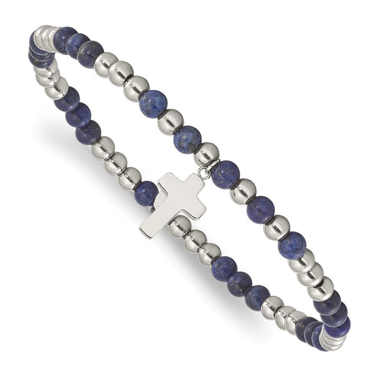 Chisel Stainless Steel Polished 4mm Lapis Beaded with Cross Dangle Beaded Stretch Bracelet SRB3081