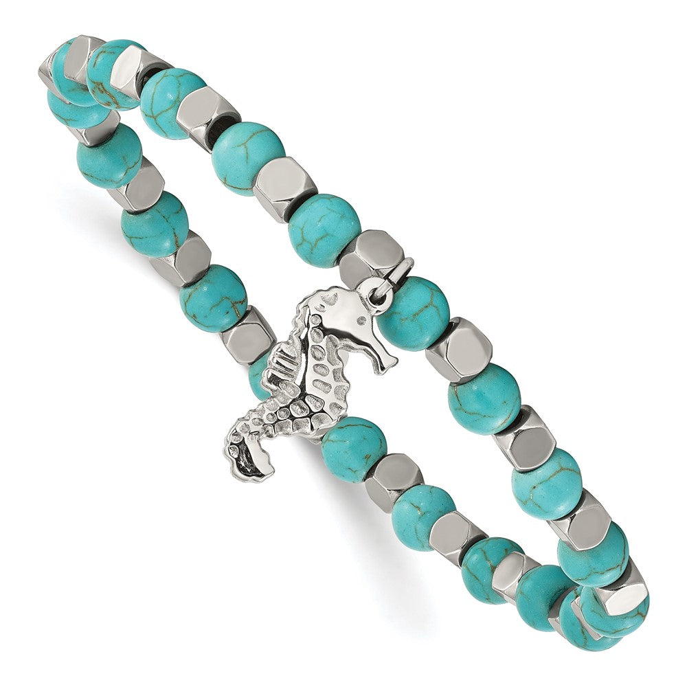 Chisel Stainless Steel Polished 6.5mm Seahorse Imitation Turquoise Beaded Stretch Bracelet SRB3084