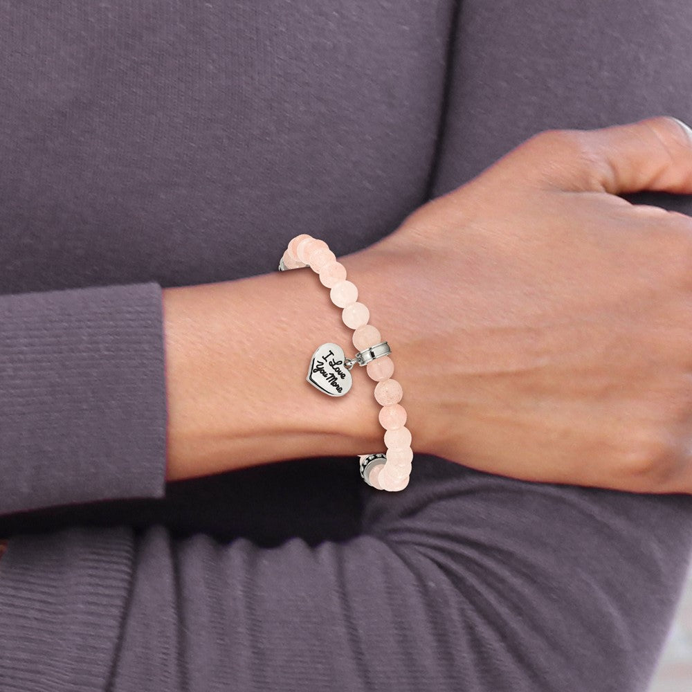 Chisel Stainless Steel Antiqued and Polished I LOVE YOU MORE Heart Dangle 6.5mm Pink Jade Beaded Stretch Bracelet SRB3085