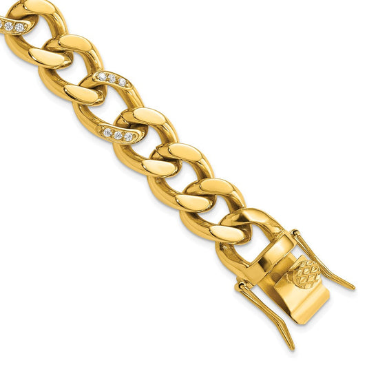 Chisel Stainless Steel Polished Yellow IP-plated with CZ 8 inch Curb Link Bracelet SRB3096-8
