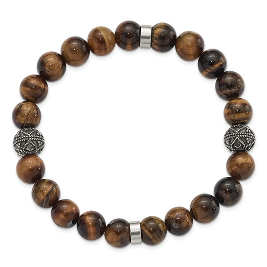 Chisel Stainless Steel Antiqued and Polished 10mm Tiger's Eye Stretch Bracelet SRB3097