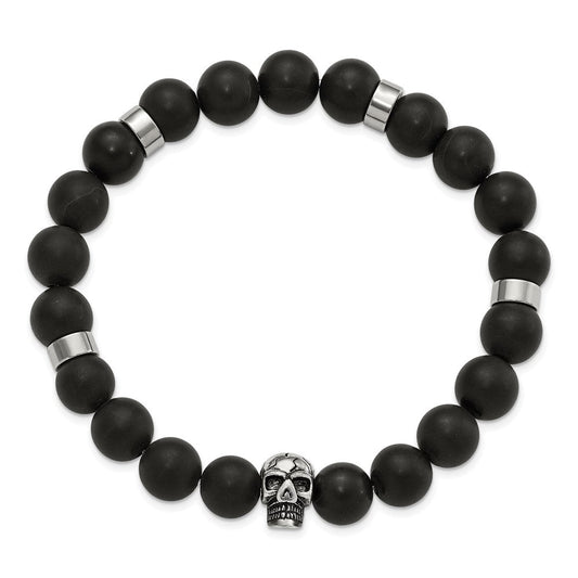 Chisel Stainless Steel Antiqued and Polished Black Agate Beaded with Skulls Stretch Bracelet SRB3098