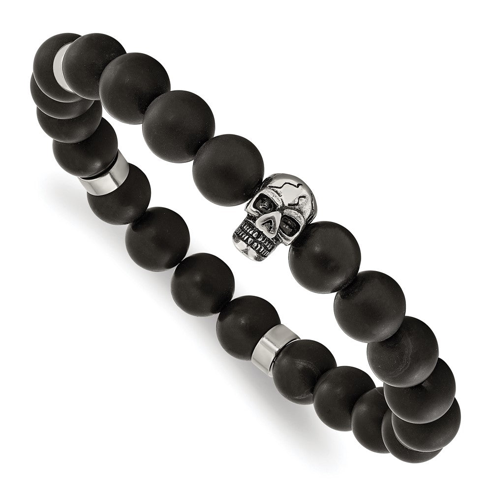 Chisel Stainless Steel Antiqued and Polished Black Agate Beaded with Skulls Stretch Bracelet SRB3098