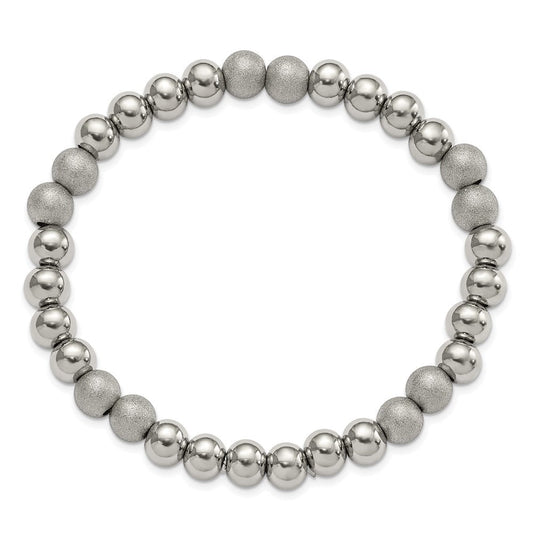 Chisel Stainless Steel Polished and Laser-cut 8mm Beaded Stretch Bracelet SRB3100