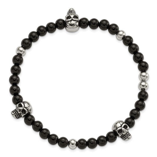 Chisel Stainless Steel Antiqued and Polished Black Agate Beaded with Skulls Stretch Bracelet SRB3101