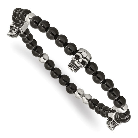 Chisel Stainless Steel Antiqued and Polished Black Agate Beaded with Skulls Stretch Bracelet SRB3101