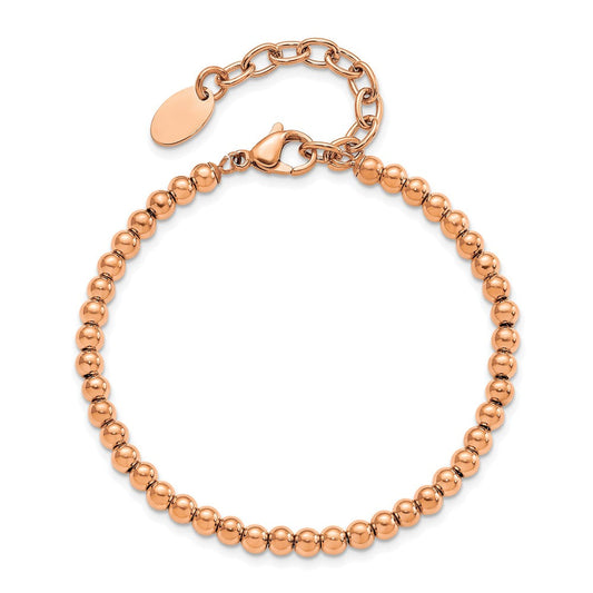 Chisel Stainless Steel Polished Rose IP-plated 4mm Beaded 6.5 inch Bracelet with 1.5 inch Extension SRB3111R-6.5