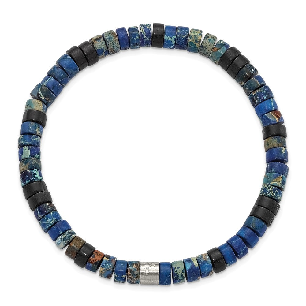 Chisel Stainless Steel Brushed Blue Sediment and Black Agate Beaded Stretch Bracelet SRB3117
