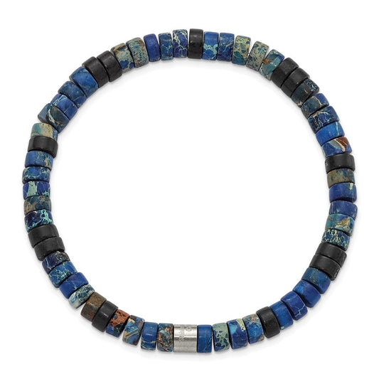 Chisel Stainless Steel Brushed Blue Sediment and Black Agate Beaded Stretch Bracelet SRB3117