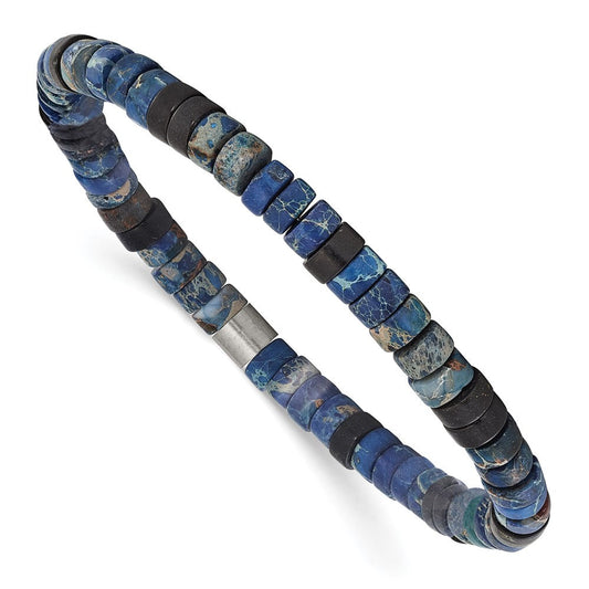 Chisel Stainless Steel Brushed Blue Sediment and Black Agate Beaded Stretch Bracelet SRB3117