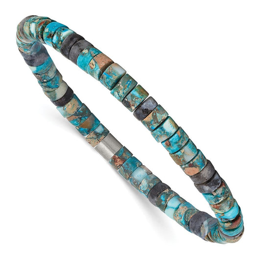 Chisel Stainless Steel Brushed Blue Sediment and Black Spectrolite Beaded Stretch Bracelet SRB3119