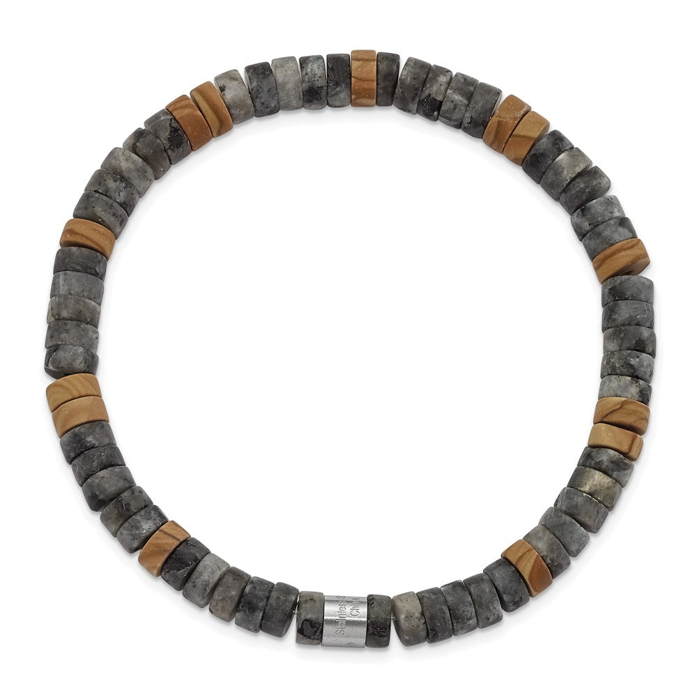 Chisel Stainless Steel Brushed Black Spectrolite and Grain Stone Beaded Stretch Bracelet SRB3124