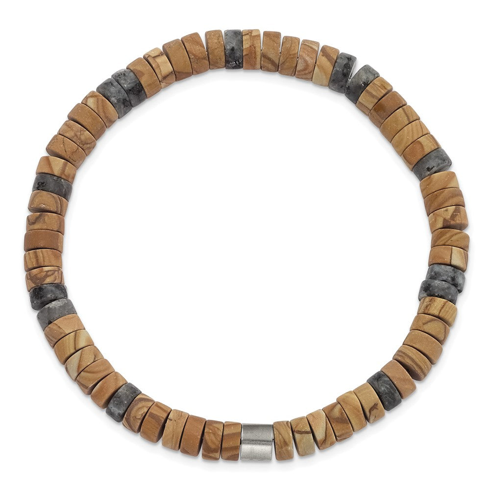 Chisel Stainless Steel Grain Stone and Black Spectrolite Beaded Stretch Bracelet SRB3125