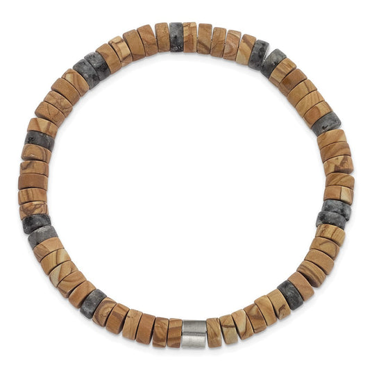 Chisel Stainless Steel Grain Stone and Black Spectrolite Beaded Stretch Bracelet SRB3125