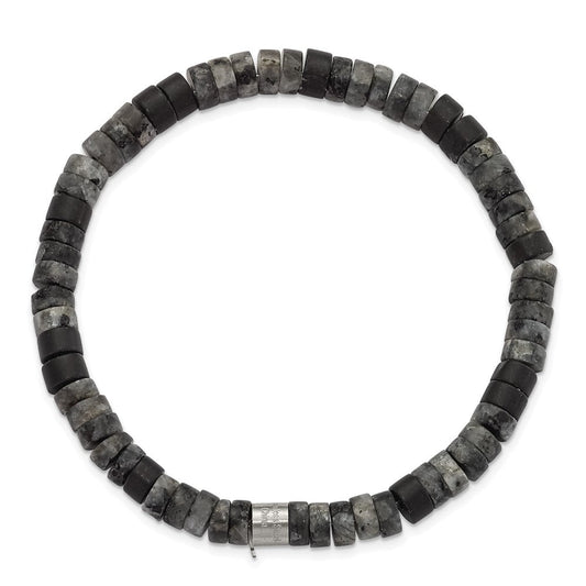 Chisel Stainless Steel Brushed Spectrolite and Black Agate Beaded Stretch Bracelet SRB3126
