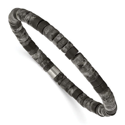 Chisel Stainless Steel Brushed Spectrolite and Black Agate Beaded Stretch Bracelet SRB3126