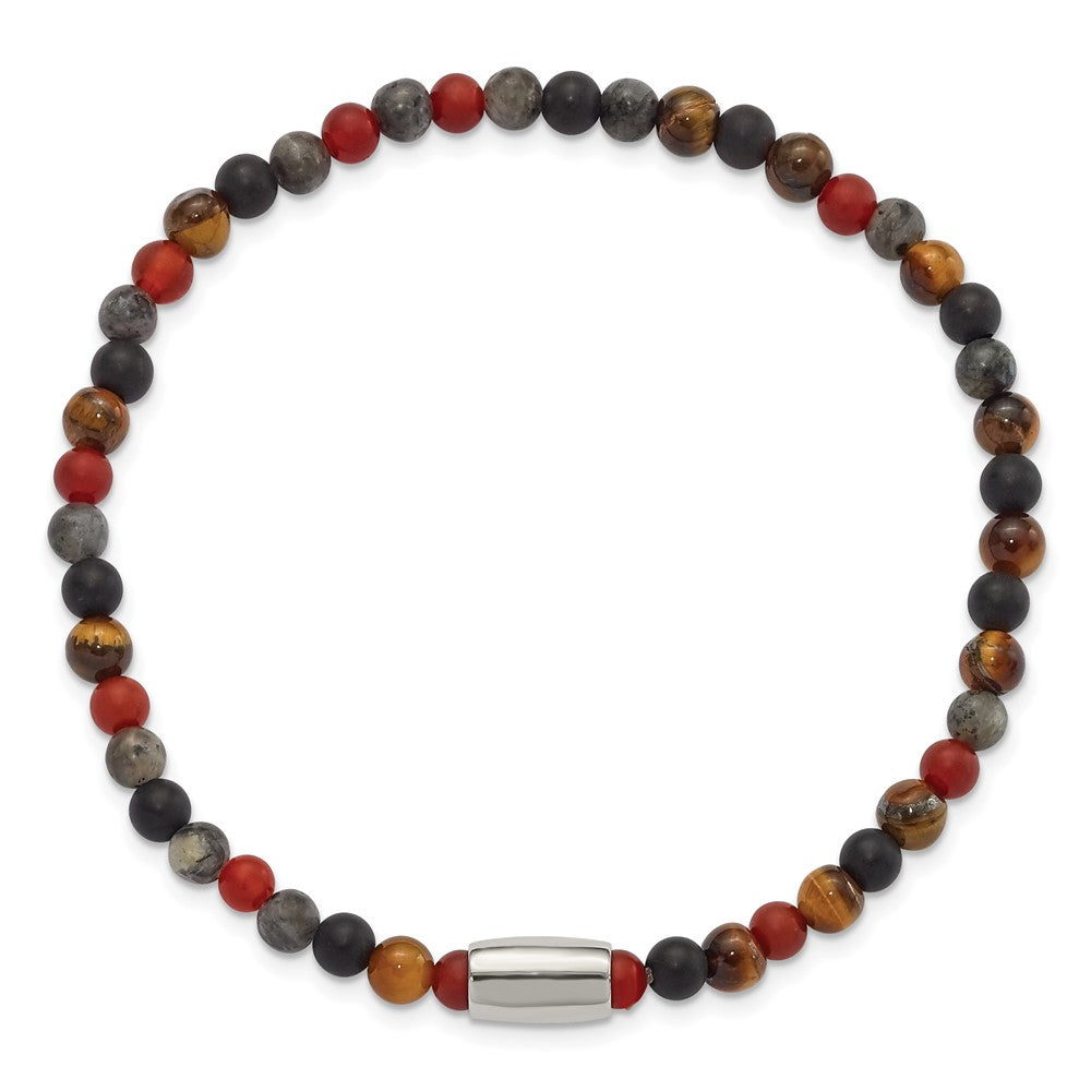 Chisel Stainless Steel Polished 5mm Spectrolite, Agate and Tiger's Eye Beaded Stretch Bracelet SRB3129