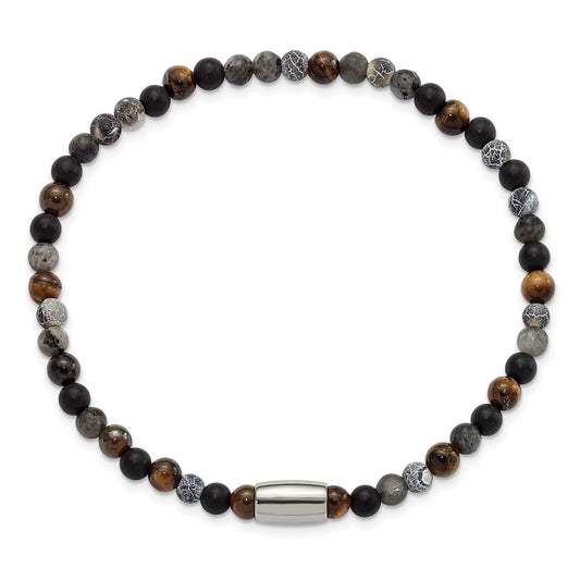 Chisel Stainless Steel Polished 5mm Spectrolite, Agate, Tiger's Eye and Blue Stone Beaded Stretch Bracelet SRB3130