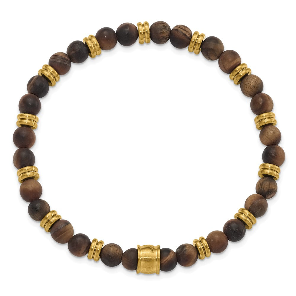 Chisel Stainless Steel Brushed Yellow IP-plated 6.5mm Tiger's Eye Beaded Stretch Bracelet SRB3132