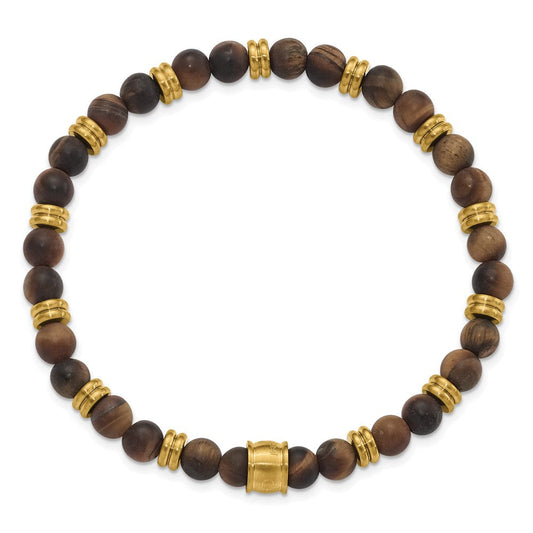 Chisel Stainless Steel Brushed Yellow IP-plated 6.5mm Tiger's Eye Beaded Stretch Bracelet SRB3132