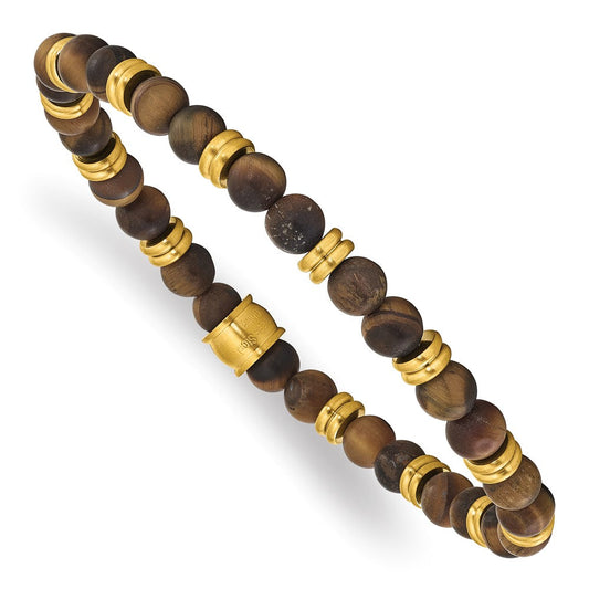 Chisel Stainless Steel Brushed Yellow IP-plated 6.5mm Tiger's Eye Beaded Stretch Bracelet SRB3132