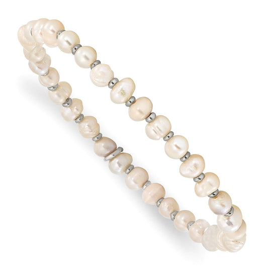 Chisel Stainless Steel Polished 5.5mm Freshwater Cultured Pearl Beaded Stretch Bracelet SRB3138