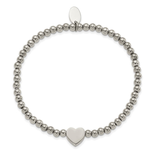 Chisel Stainless Steel Polished Heart 4mm Beaded Stretch Bracelet SRB3139