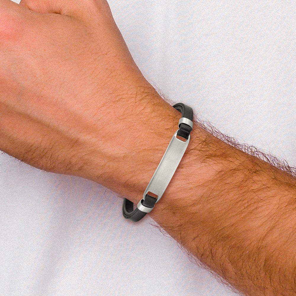 Chisel Stainless Steel Brushed Black Leather 8 inch ID Bracelet with .5 inch Extension SRB3148-8