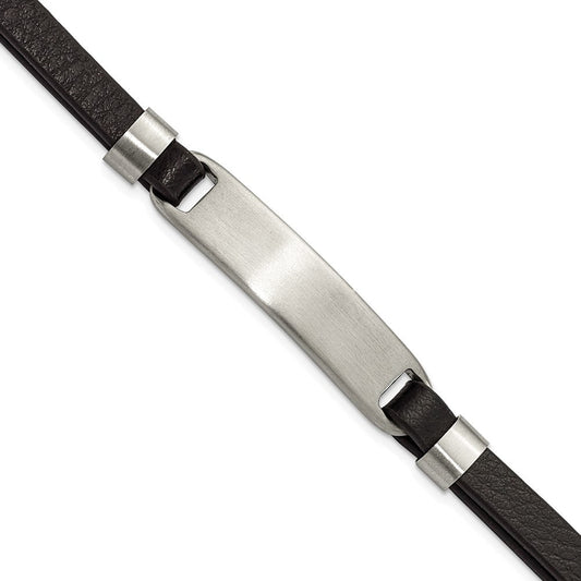 Chisel Stainless Steel Brushed Black Leather 8 inch ID Bracelet with .5 inch Extension SRB3148-8