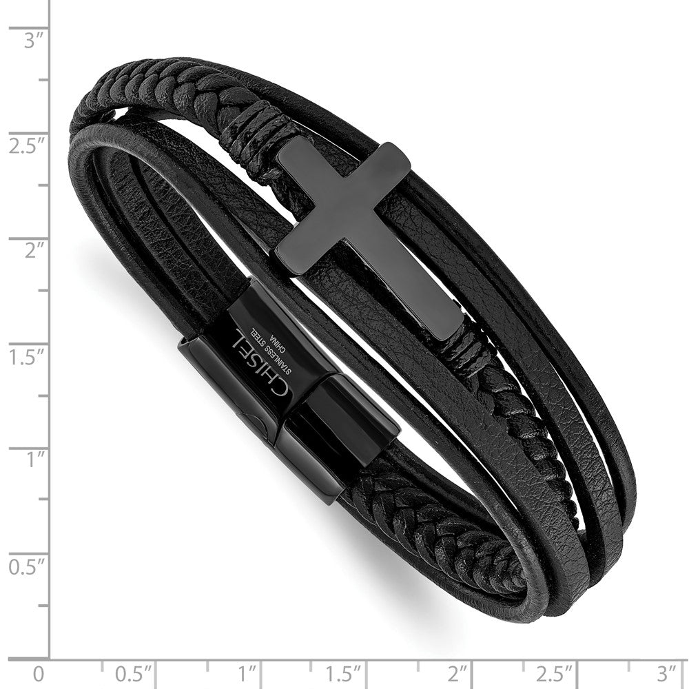 Chisel Stainless Steel Polished Black IP-plated Cross Black Polyurethane and Leather Multi Strand 8.75 inch Bracelet SRB3156-8.75