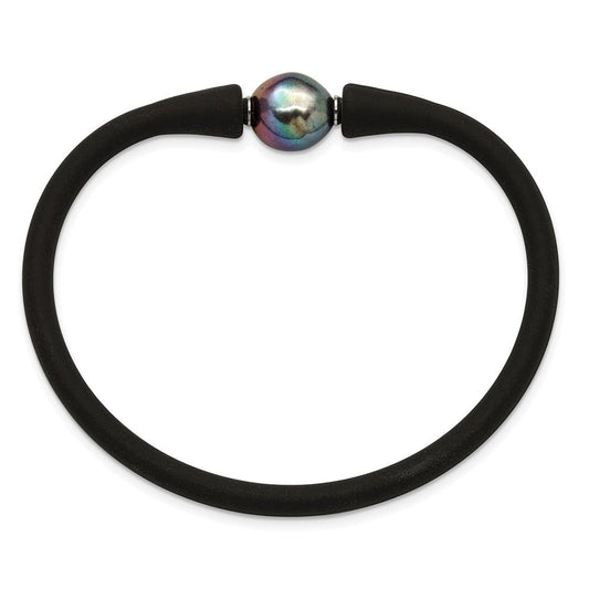 Chisel Stainless Steel Polished 9-10mm Black Baroque Freshwater Cultured Pearl on Black Silicone 6.75 inch Bracelet SRB3163BKBK