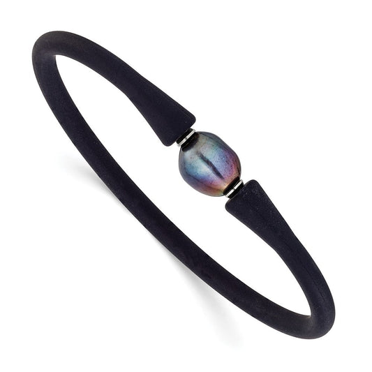 Chisel Stainless Steel Polished 9-10mm Black Baroque Freshwater Cultured Pearl on Black Silicone 6.75 inch Bracelet SRB3163BKBK