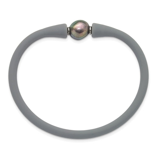 Chisel Stainless Steel Polished 9-10mm Black Baroque Freshwater Cultured Pearl on Grey Silicone 6.75 inch Bracelet SRB3163BKGR