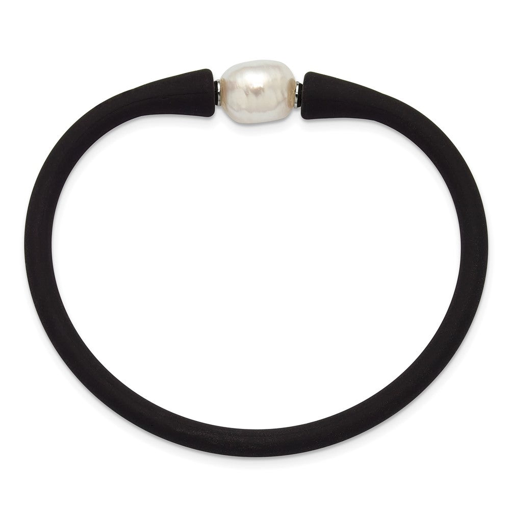 Chisel Stainless Steel Polished 9-10mm White Baroque Freshwater Cultured Pearl on Black Silicone 6.75 inch Bracelet SRB3163WHBK