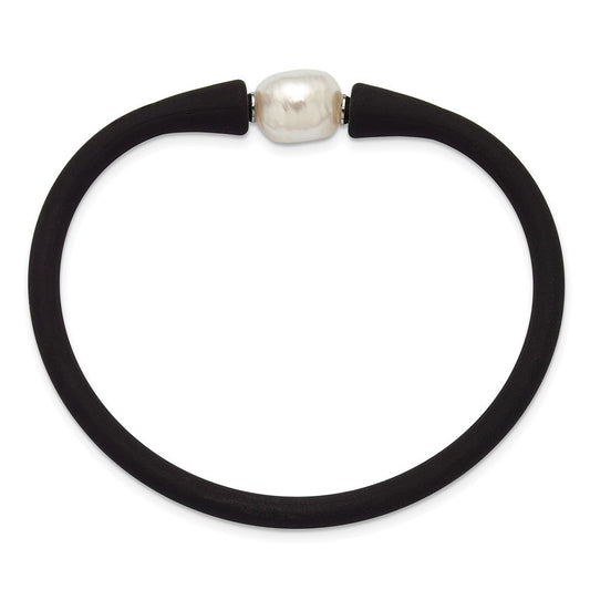 Chisel Stainless Steel Polished 9-10mm White Baroque Freshwater Cultured Pearl on Black Silicone 6.75 inch Bracelet SRB3163WHBK