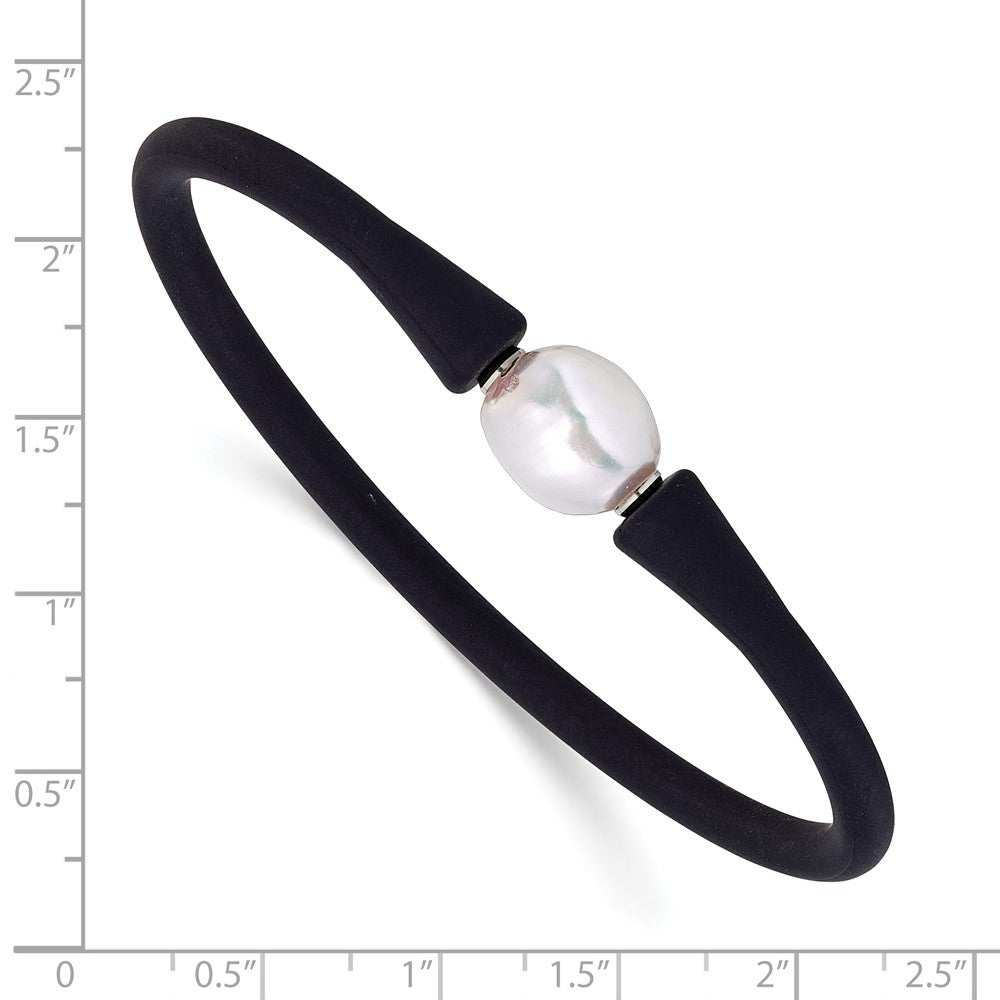 Chisel Stainless Steel Polished 9-10mm White Baroque Freshwater Cultured Pearl on Black Silicone 6.75 inch Bracelet SRB3163WHBK