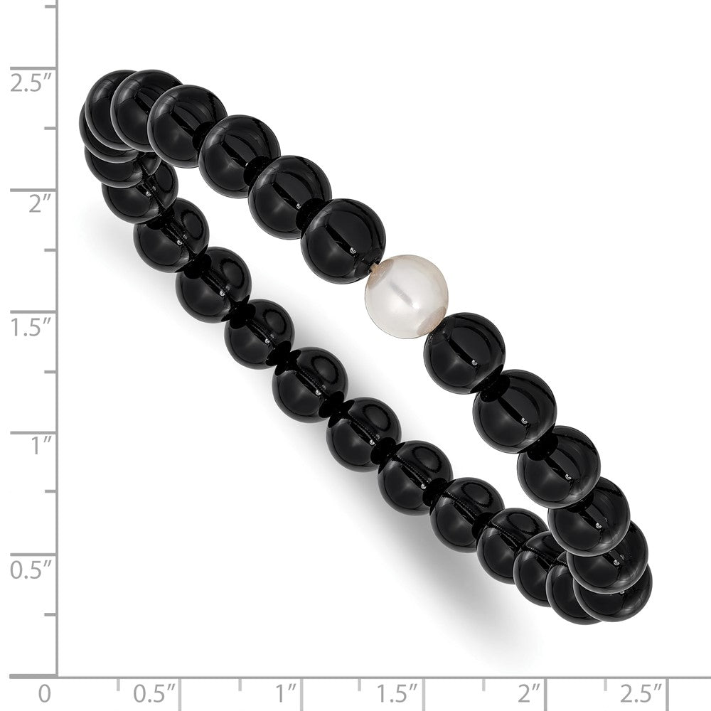 Chisel 8-9mm Black Onyx and White Freshwater Cultured Pearl Beaded 7.25 inch Stretch Bracelet SRB3166