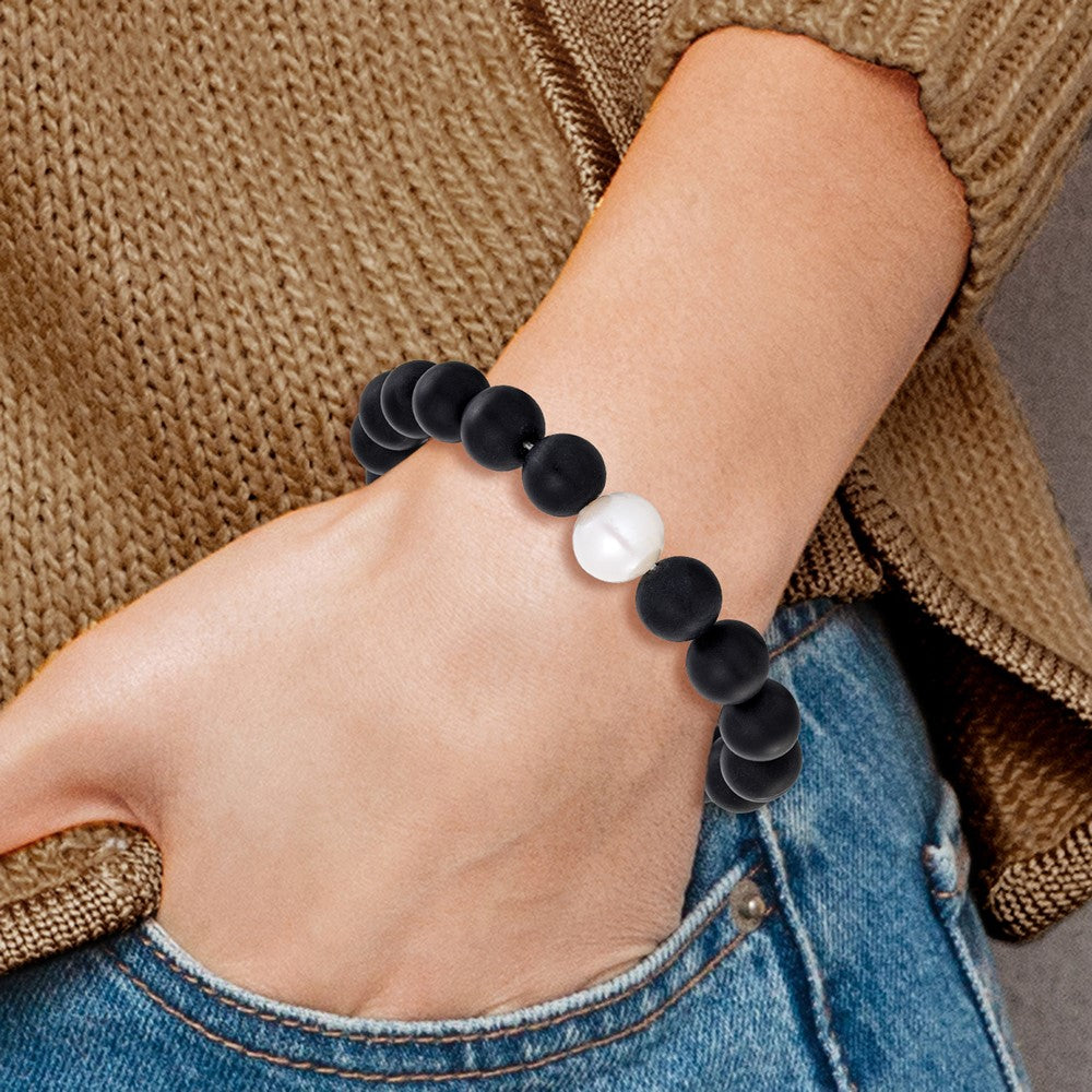 Chisel 10-11mm Black Agate and White Freshwater Cultured Pearl Beaded 6.5 inch Stretch Bracelet SRB3169