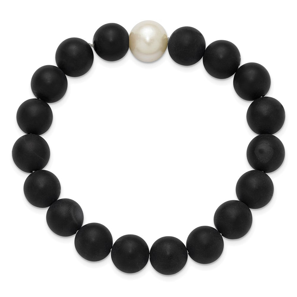 Chisel 10-11mm Black Agate and White Freshwater Cultured Pearl Beaded 6.5 inch Stretch Bracelet SRB3169