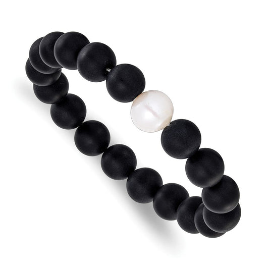 Chisel 10-11mm Black Agate and White Freshwater Cultured Pearl Beaded 6.5 inch Stretch Bracelet SRB3169