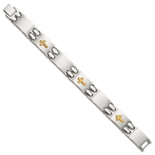 Chisel Stainless Steel Polished with Diamond-cut 14K Gold Accent Cross 8 inch Link Bracelet SRB3170-8