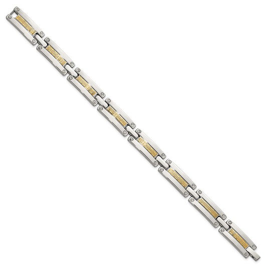 Chisel Stainless Steel Polished with 14K Gold Accent Basket Weave Pattern 8.5 inch Link Bracelet SRB3174-8.5