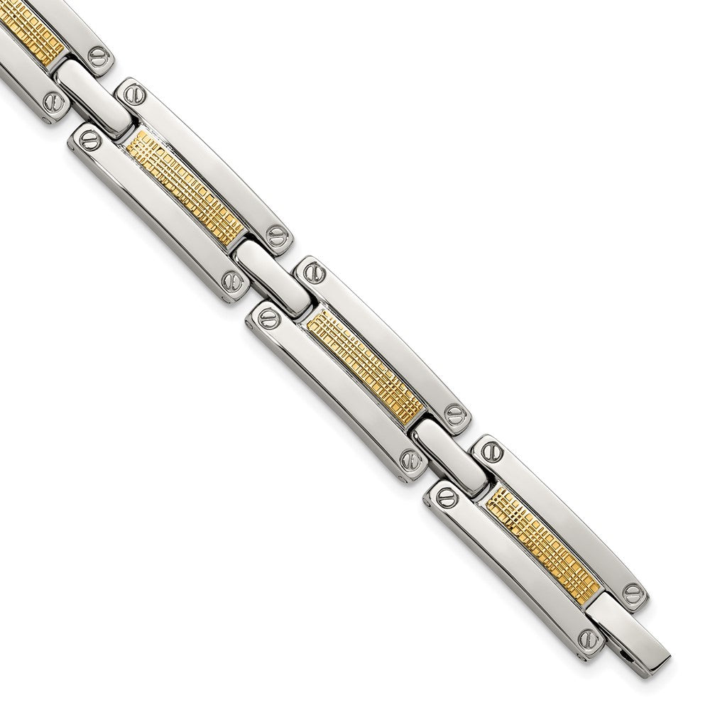 Chisel Stainless Steel Polished with 14K Gold Accent Basket Weave Pattern 8.5 inch Link Bracelet SRB3174-8.5