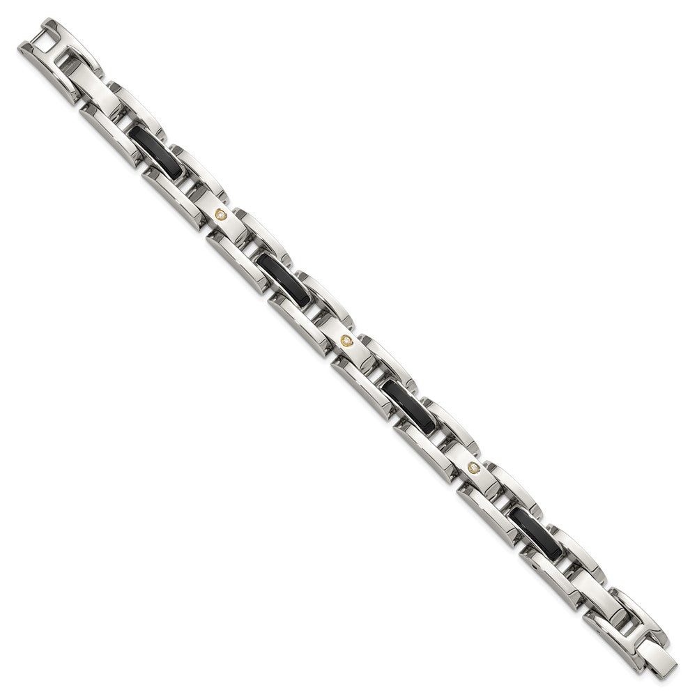 Chisel Stainless Steel Polished with 14K Gold Accent and 1/20ct. Diamond and Onyx 8.25 inch Link Bracelet SRB3175-8.25