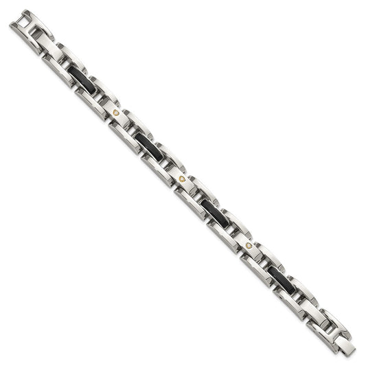 Chisel Stainless Steel Polished with 14K Gold Accent and 1/20ct. Diamond and Onyx 8.25 inch Link Bracelet SRB3175-8.25