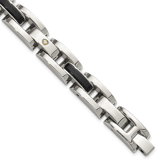 Chisel Stainless Steel Polished with 14K Gold Accent and 1/20ct. Diamond and Onyx 8.25 inch Link Bracelet SRB3175-8.25