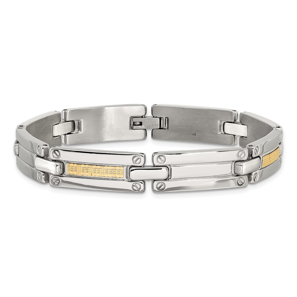 Chisel Stainless Steel Polished with 14K Gold Accent Basket Weave 8.5 inch Link Bracelet SRB3185-8.5