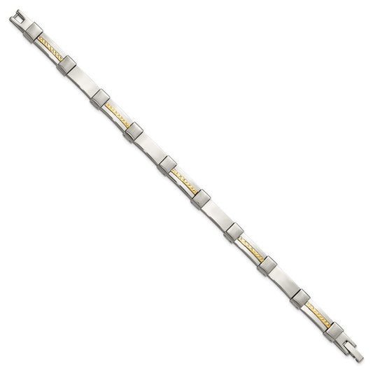 Chisel Stainless Steel Brushed and Polished with Diamond-cut 14K Gold Accent 8.25 inch Link Bracelet SRB3187-8.25